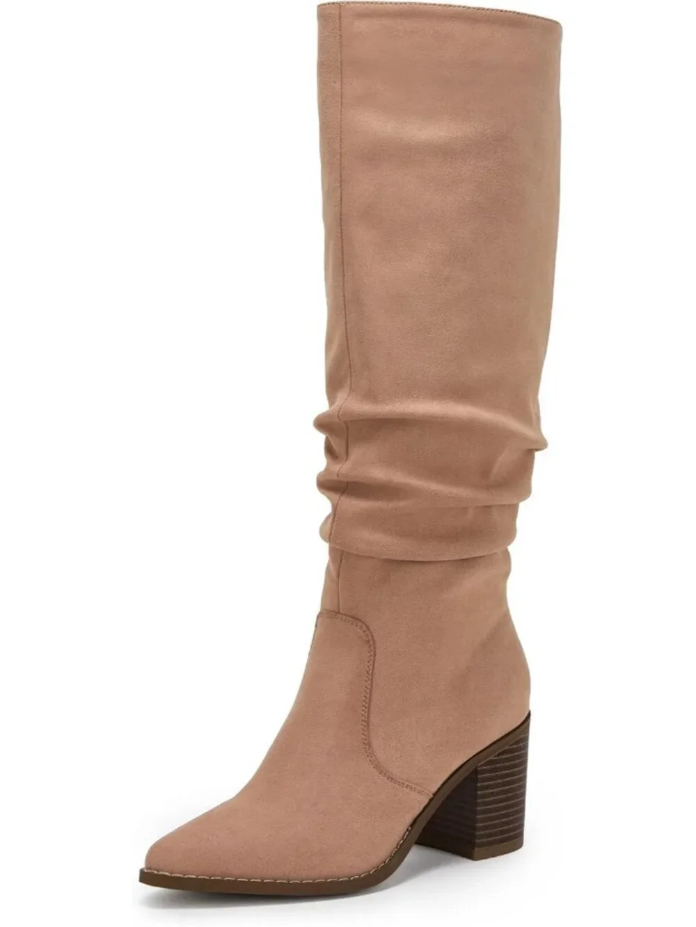 Women's Khaki Pointed Toe Mid Chunky Heel Side Zipper Over The Knee Boots